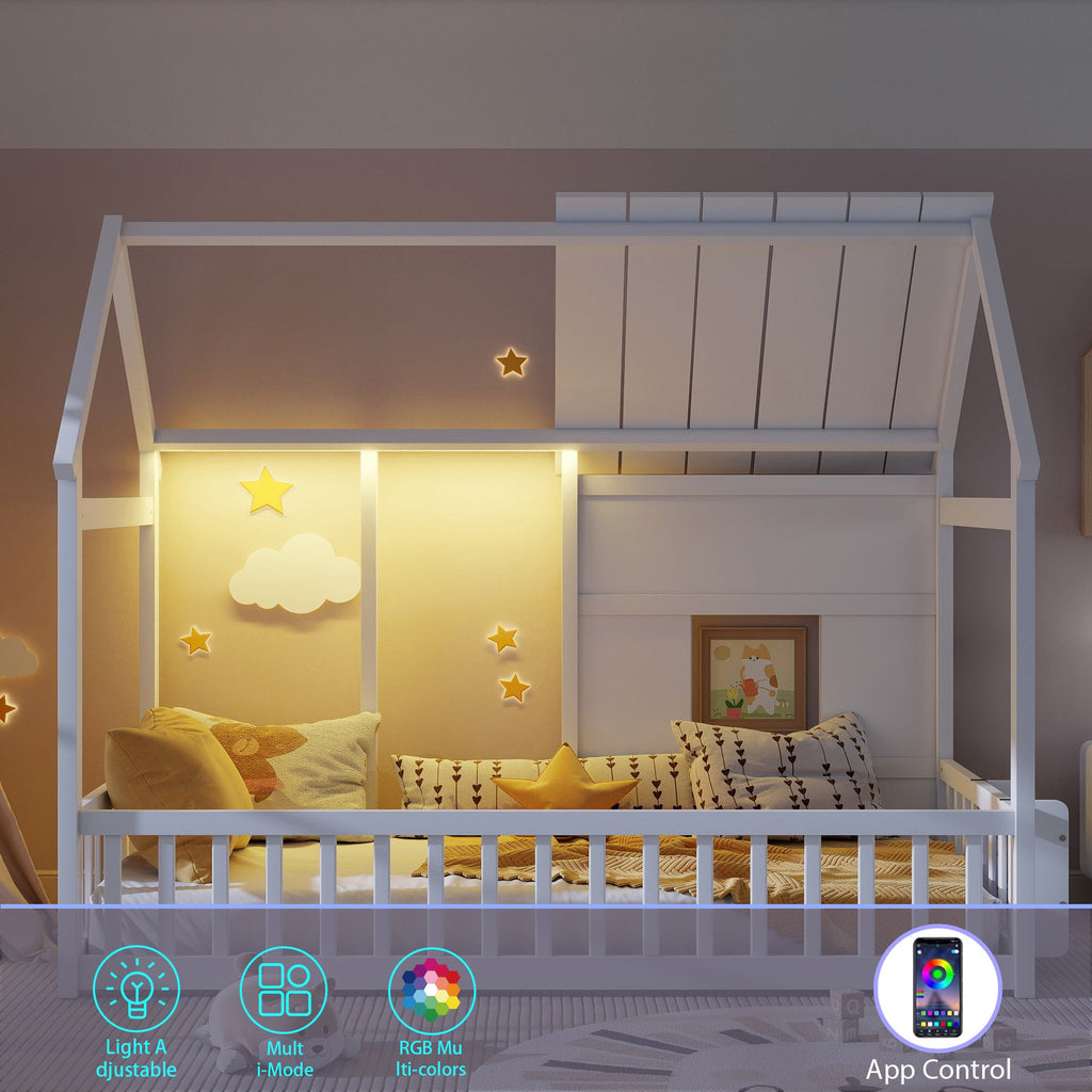 Twin Size House Floor Bed With 7 Colors LED Light