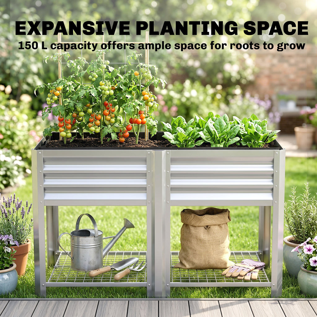 Outsunny Galvanized Steel Raised Garden Bed with Storage Shelf