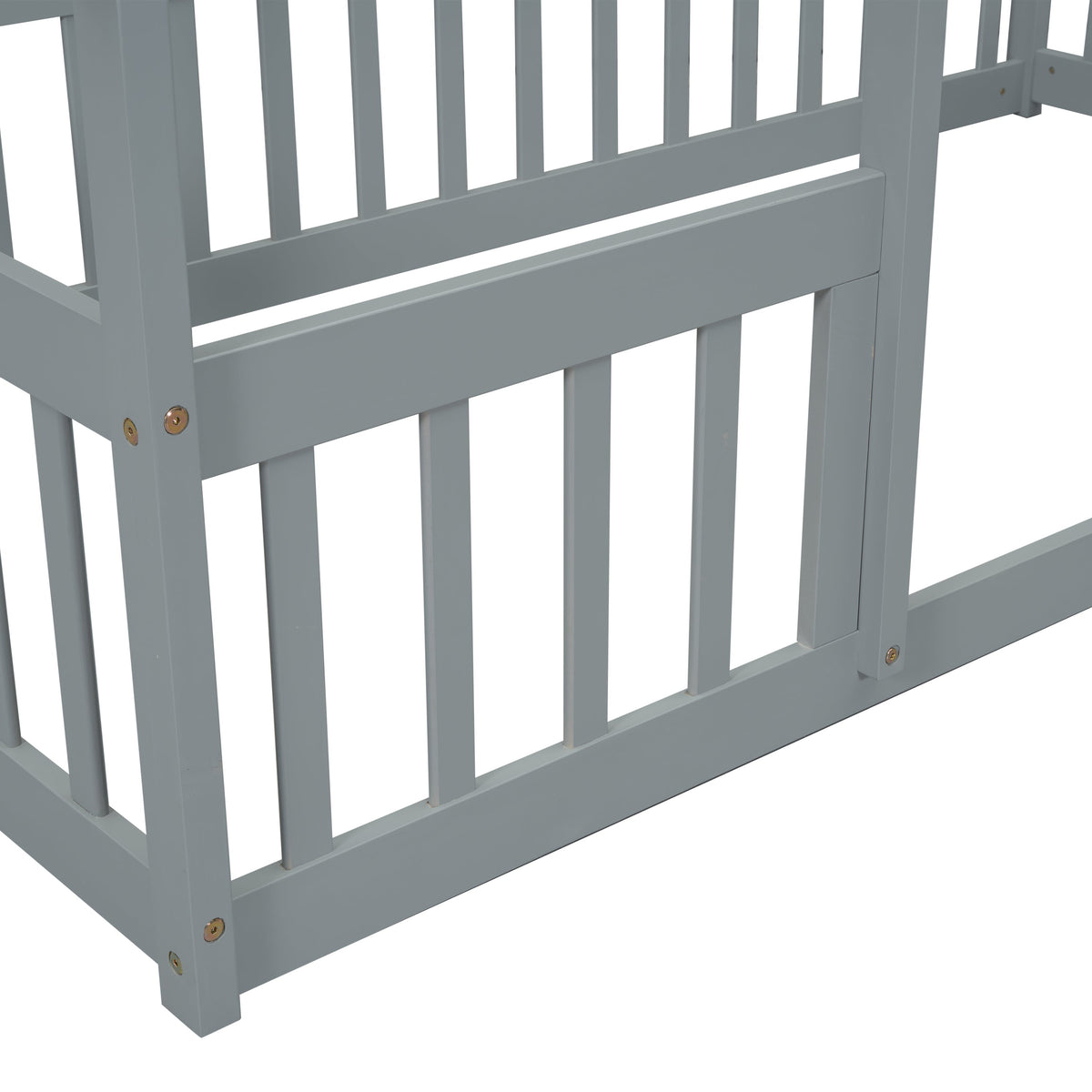 Twin Wood House-Shaped Floor Bed with Fence, Guardrails