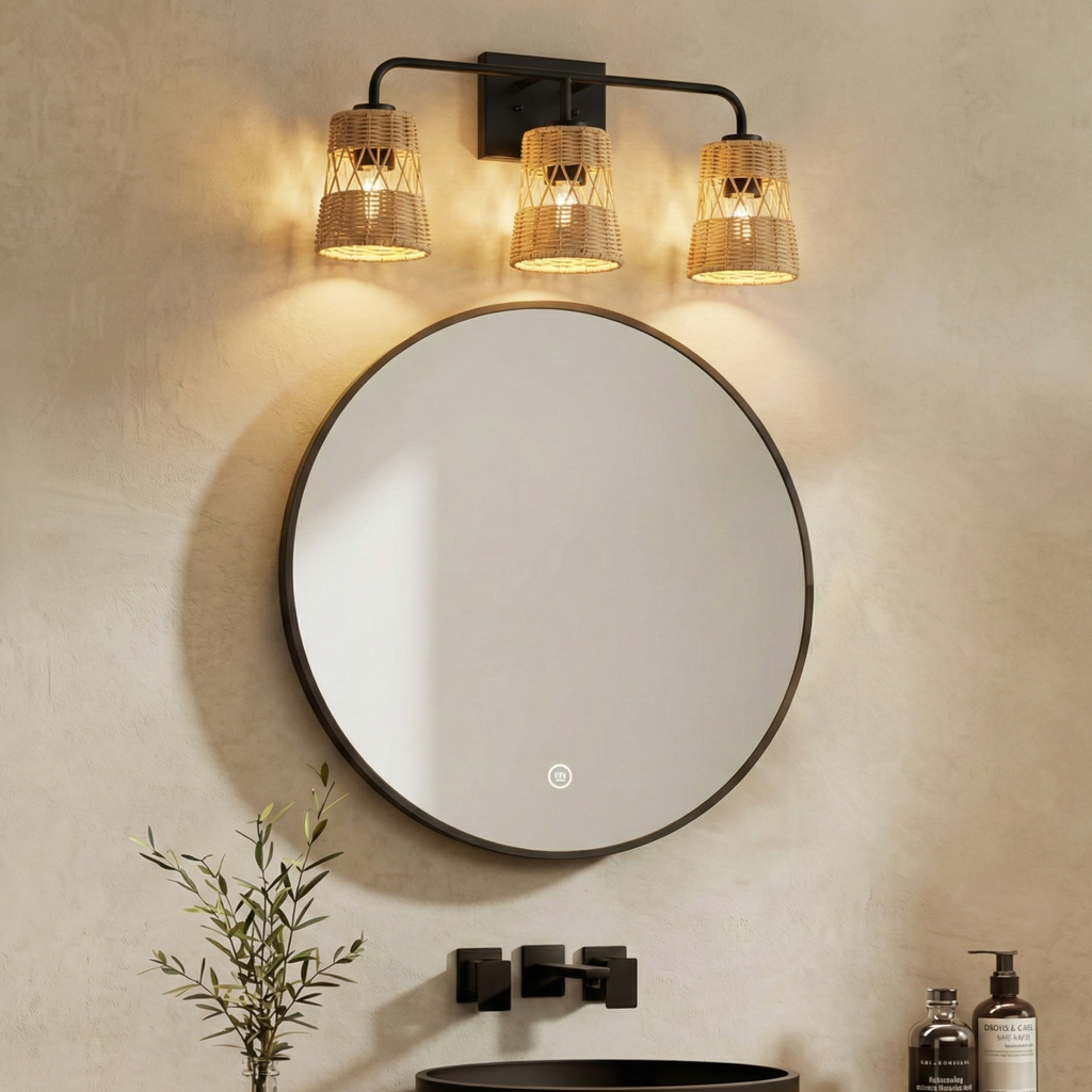 Moonlit Three Lights Wall Sconce with Rattan Shade