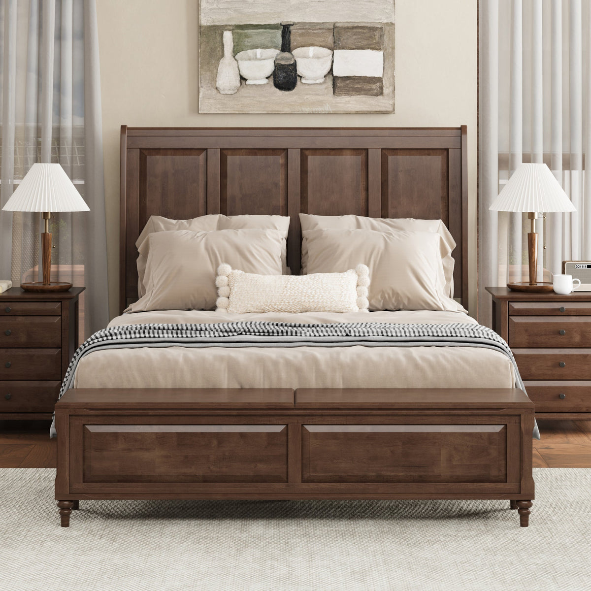 Queen Bed Frame with Tall Headboard and Storage Bench