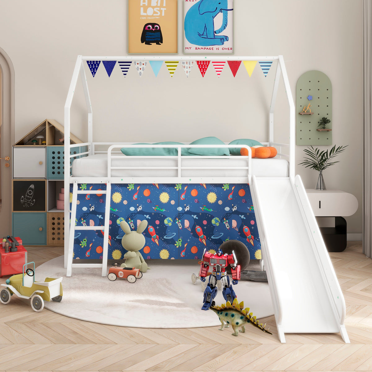 Jack Metal Junior House Twin Loft Bed with Slide and Curtain Set