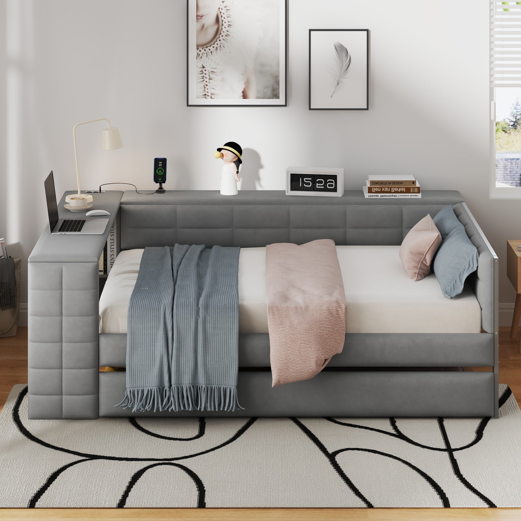 Full Size Upholstered Platform Bed with Storage Shelves, Desk, Charging Station and Trundle