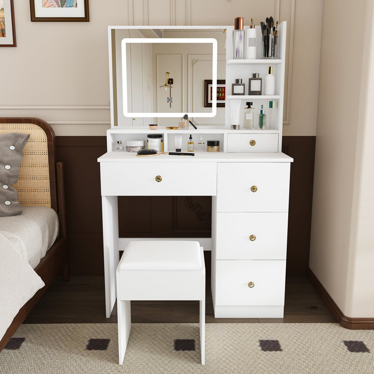 Fashion Vanity Desk with Mirror & 3-Color Dimmable LED Lights