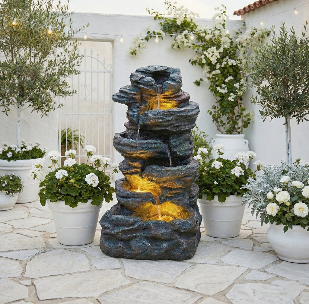 6-Tier Outdoor Cascading Stone Water Fountain with LED Lights