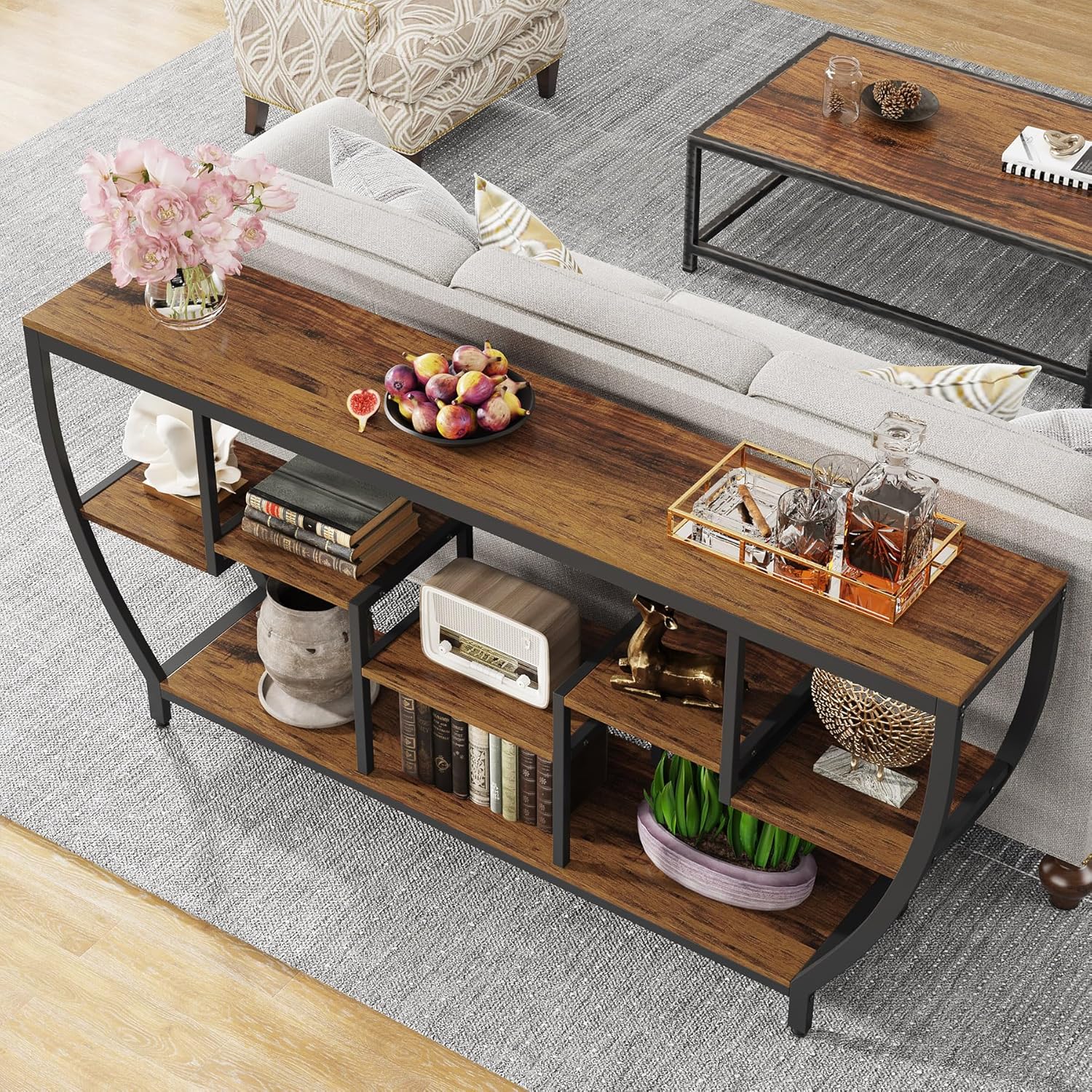 70.9” Industrial Console Sofa Table with 7-Tier Storage Shelves