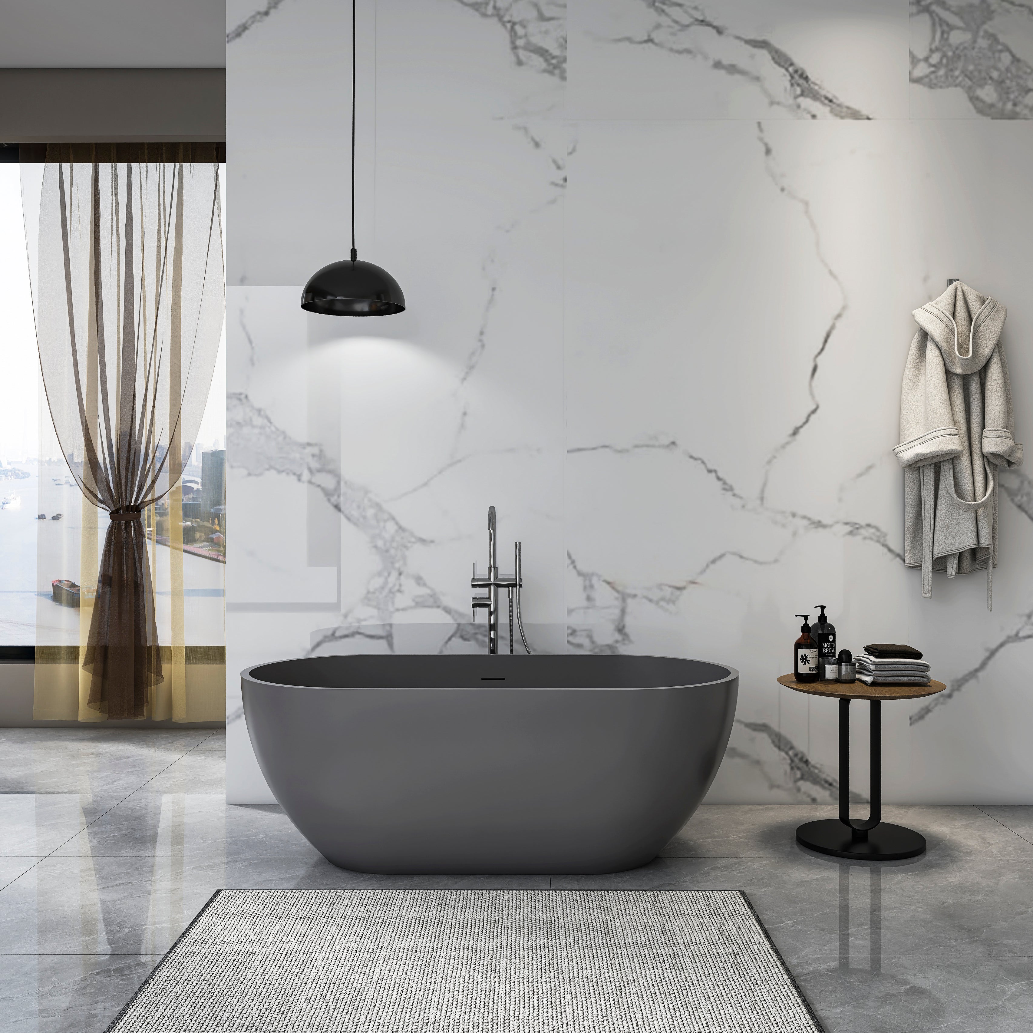 59 Inch Solid Surface Oval Shape Freestanding Bathtub