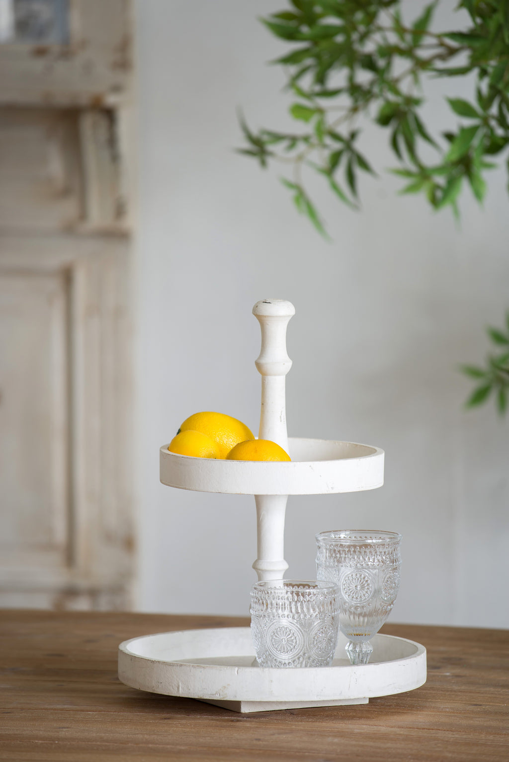 D11.8x15.4" Two-Tiered Round Wooden Tray