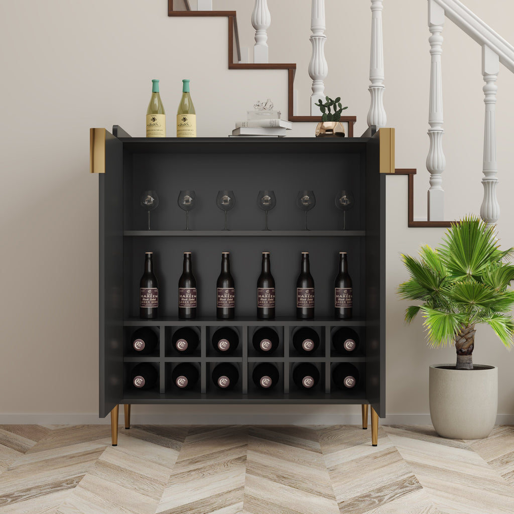 2 Doors Home Wine Bar Cabinet with Wine Rack & Adjustable Storage Shelf