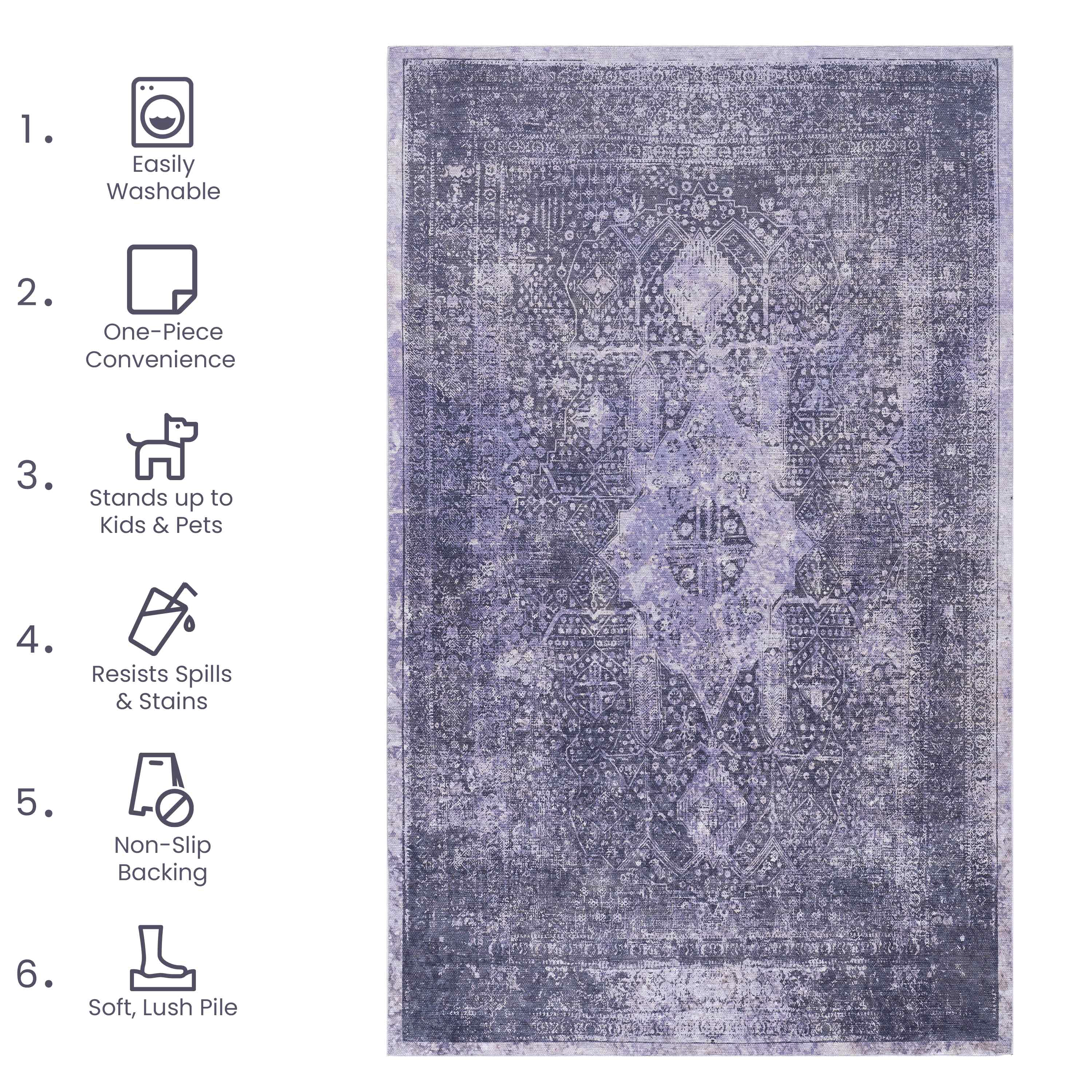 MAVAL Anthracite Washable 5x8 Area Rug
