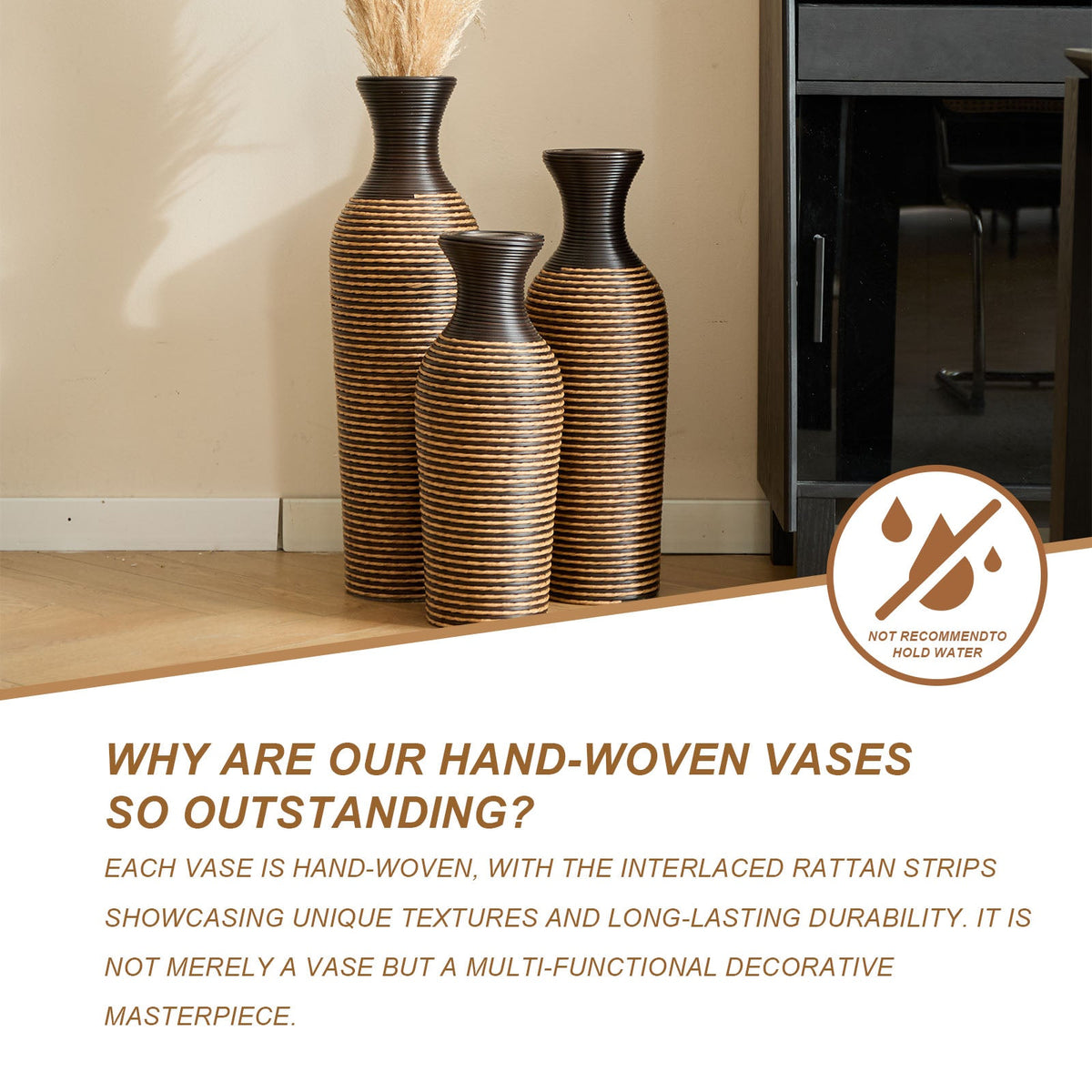 Hand-Woven PVC Rattan Vases, Set of 3 Decorative Floor Vases
