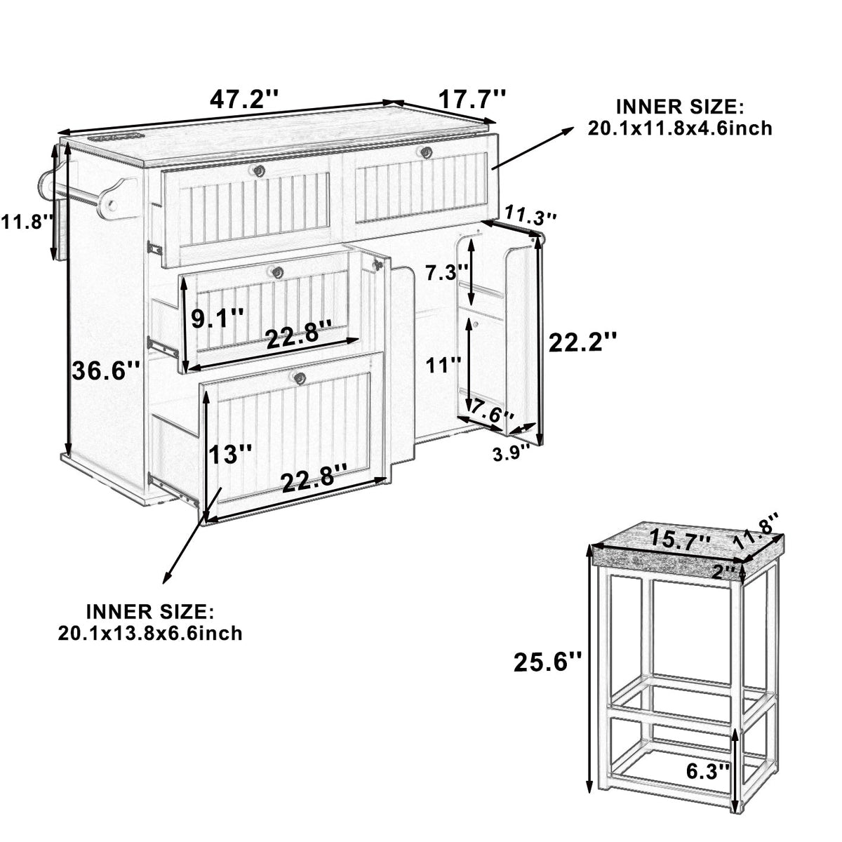 Topmax Farmhouse Kitchen Island with Drop Leaf and 2 Seatings