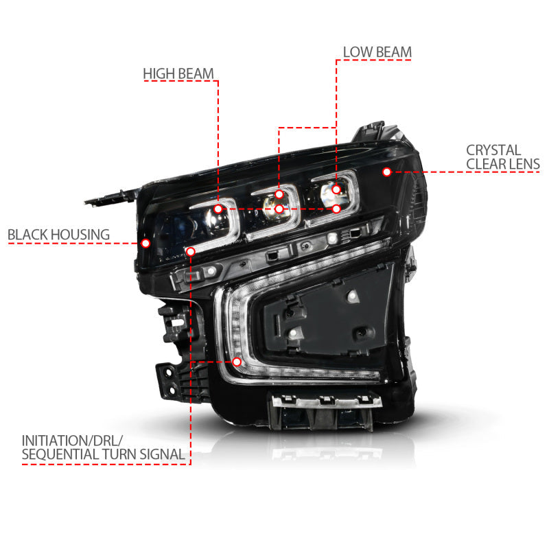 ANZO 21-23 Chevy Tahoe/Suburban LED Light Bar Style Headlights Black w/ Squential DRL (Right Side) 111636X-R