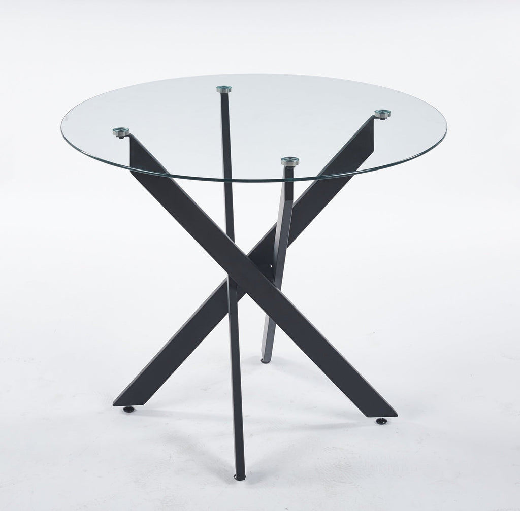 Black Dining Table with Cross Metal Leg and Tempered Glass