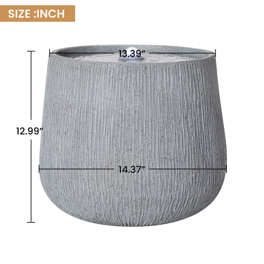 12.99"H Gray Bowl-Shaped Outdoor Fountain with LED Light