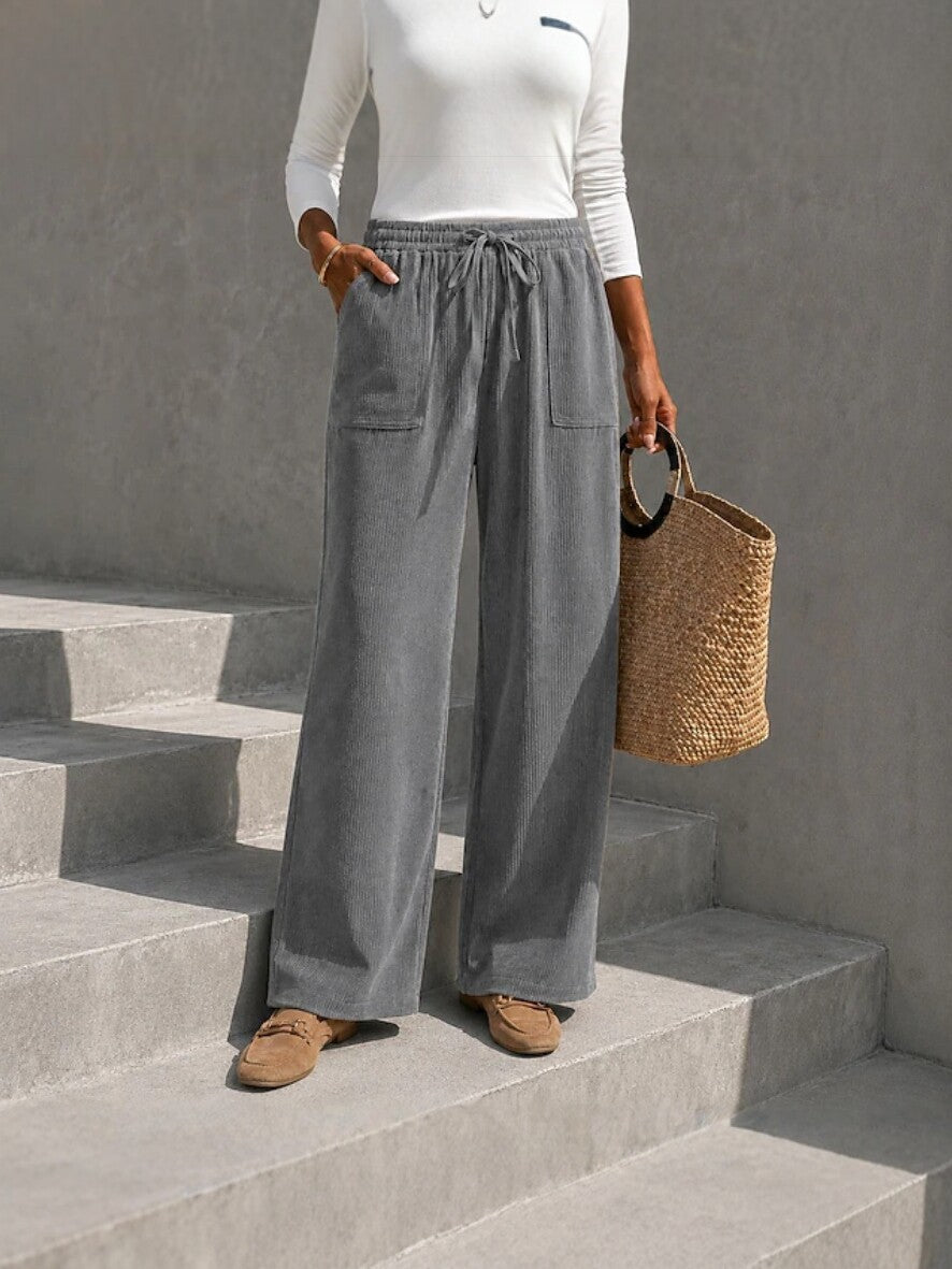 Autumn Winter European And American Cross-Border Women's Corduroy Wide Leg Pants With Elastic Waist And Drawstring, Loose Casual Long Pants
