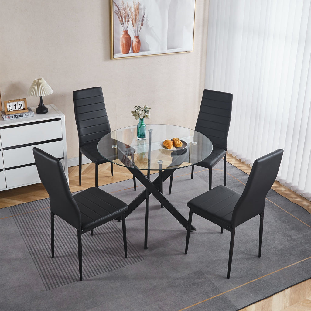 Black Dining Table with Cross Metal Leg and Tempered Glass
