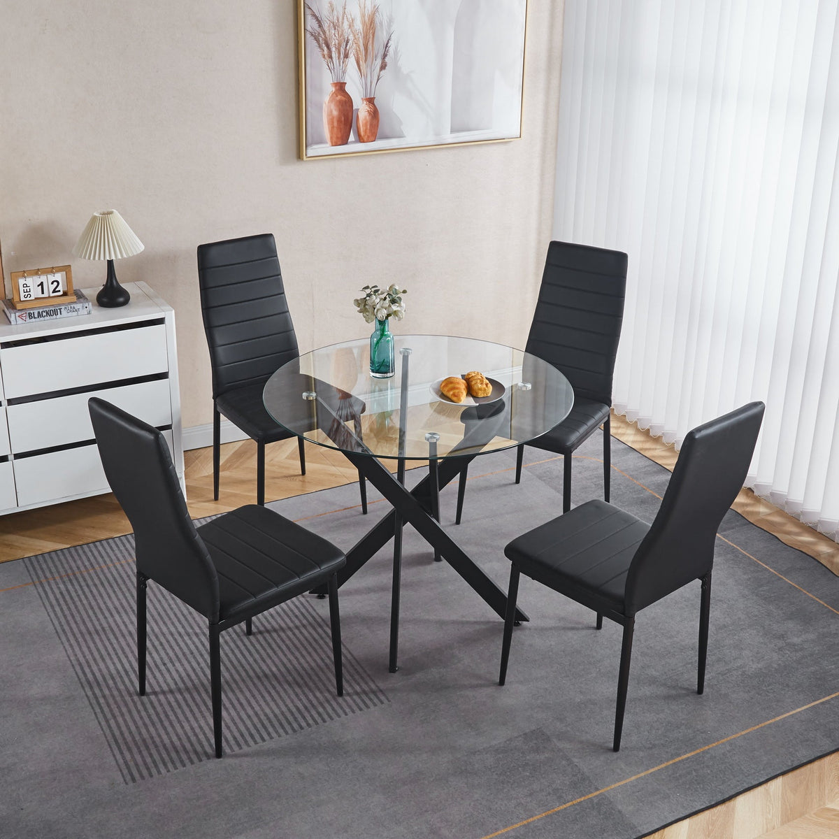 Black Dining Table with Cross Metal Leg and Tempered Glass