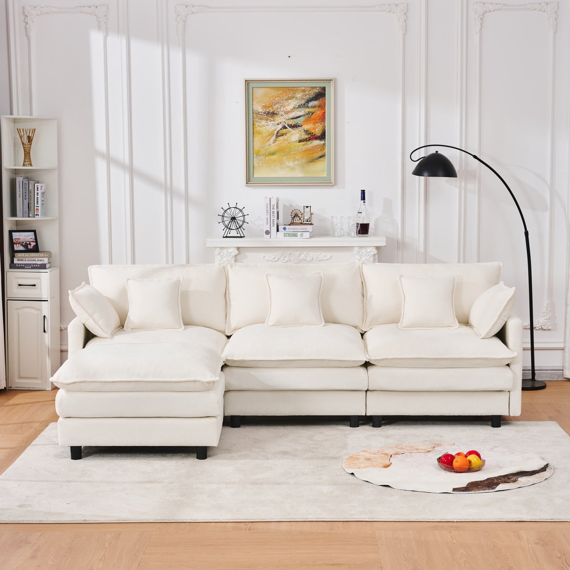 Chenille Modular Three-Seater Sofa with Movable Footstool