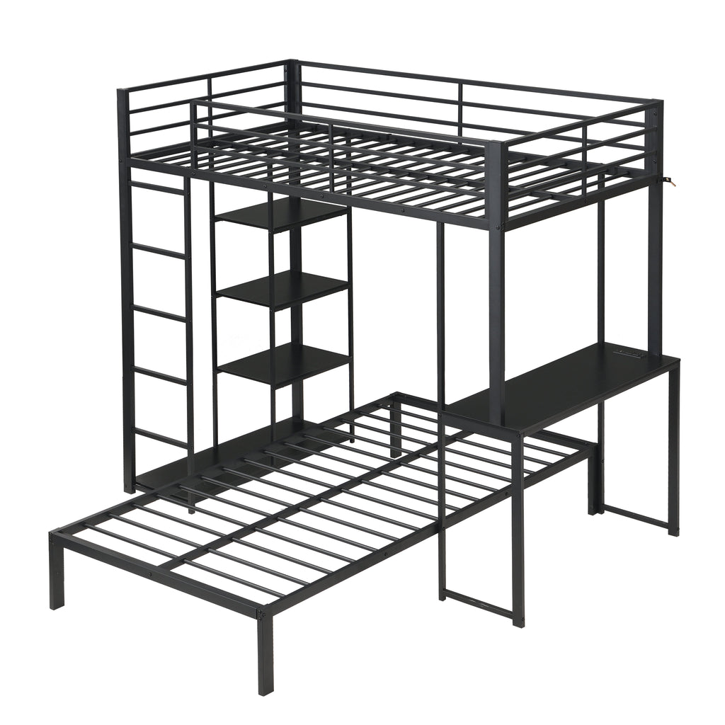 Metal Loft Bed Frame with LED Light Strip, Side Storage Shelves & Built-in Desk
