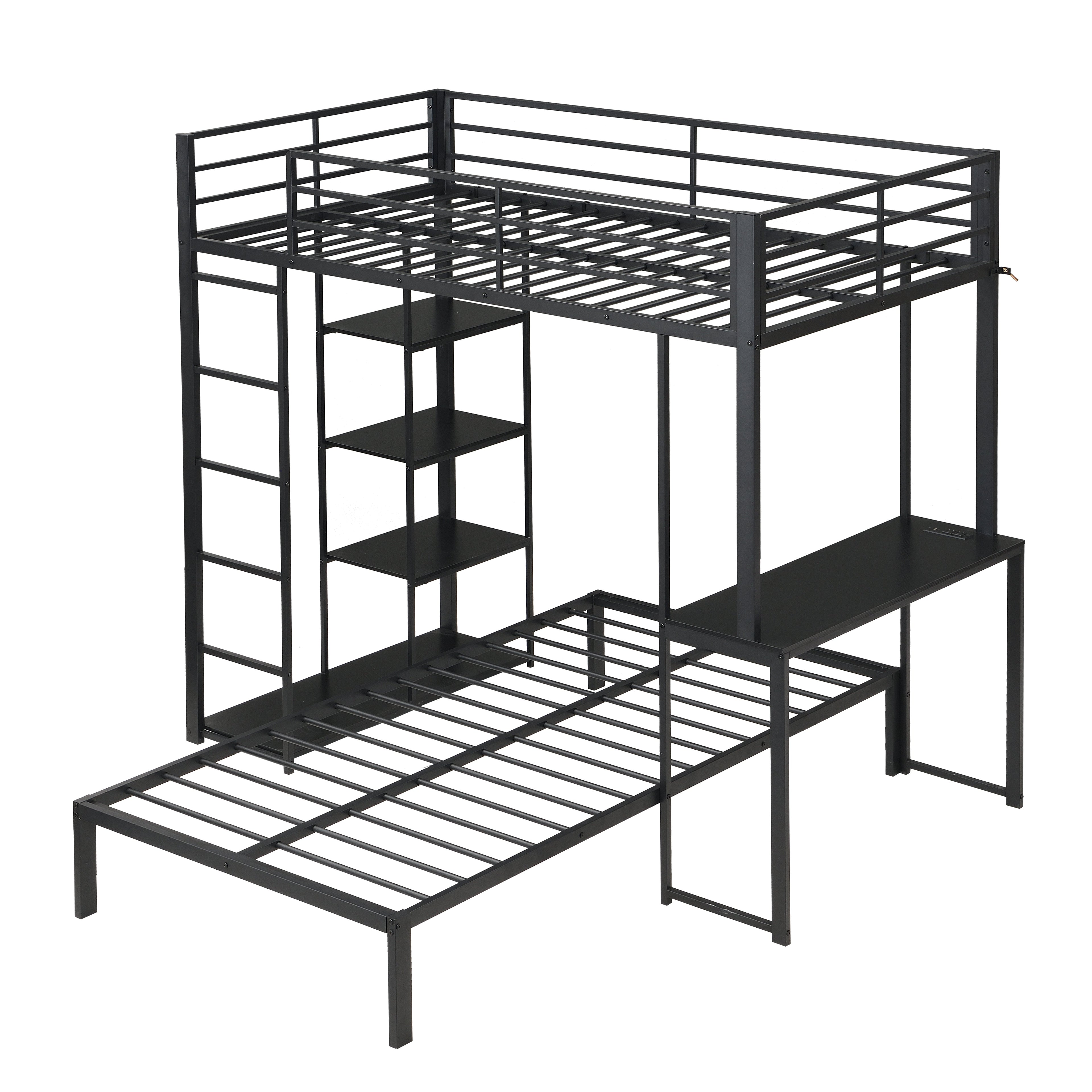 Metal Loft Bed Frame with LED Light Strip, Side Storage Shelves & Built-in Desk