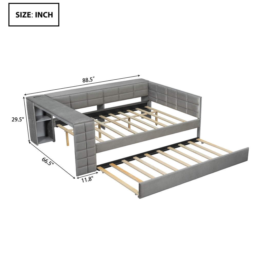 Full Size Upholstered Platform Bed with Storage Shelves, Desk, Charging Station and Trundle