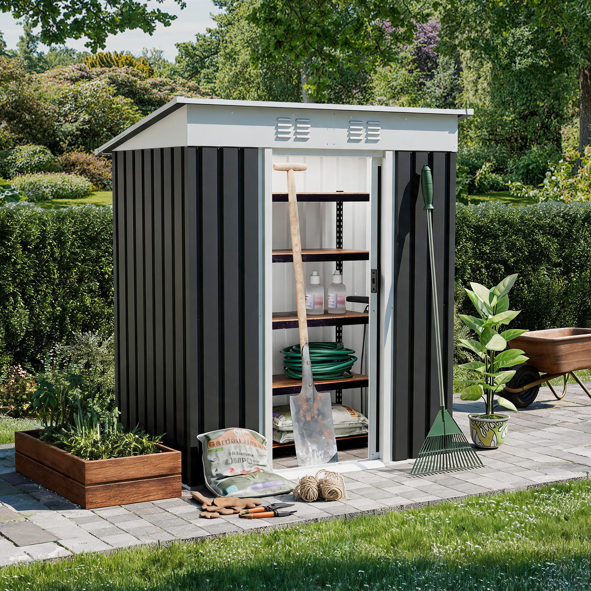 5x3 FT Metal Garden Shed with Sliding Door Pent Roof