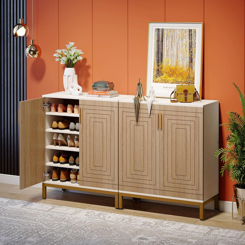 31.5" White & Natural Wood Shoe Cabinet