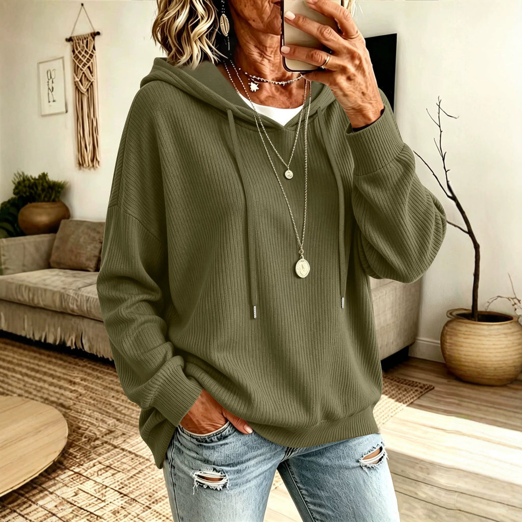 European Size Cross-border Solid Color Drawstring Hooded Knitted Sweater Casual Pocket Loose Slimming Large Size Women's Outer Top