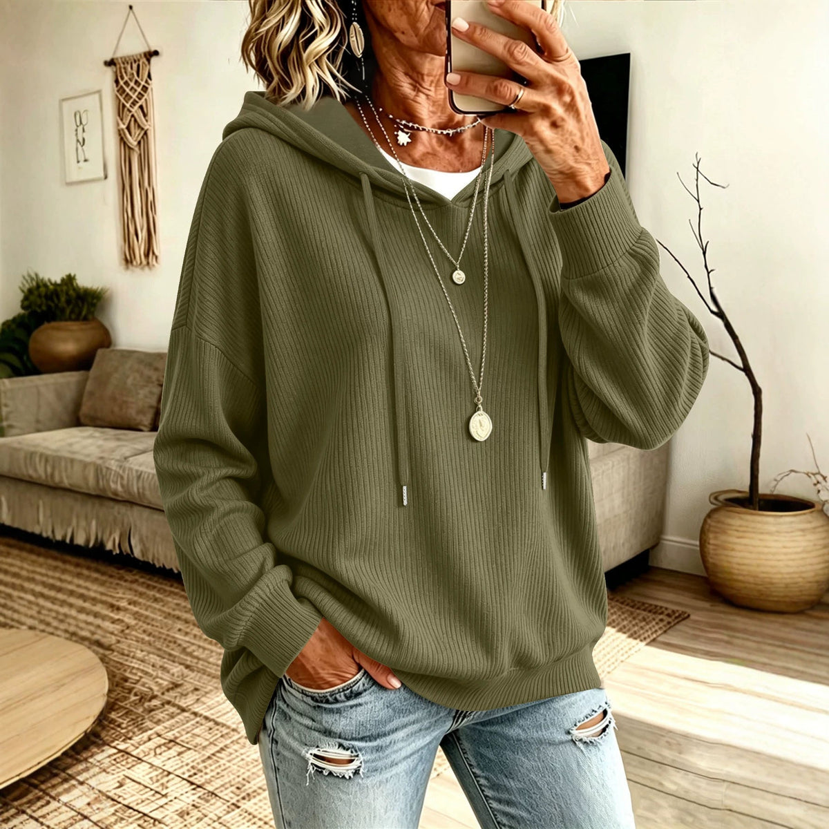 European Size Cross-border Solid Color Drawstring Hooded Knitted Sweater Casual Pocket Loose Slimming Large Size Women's Outer Top