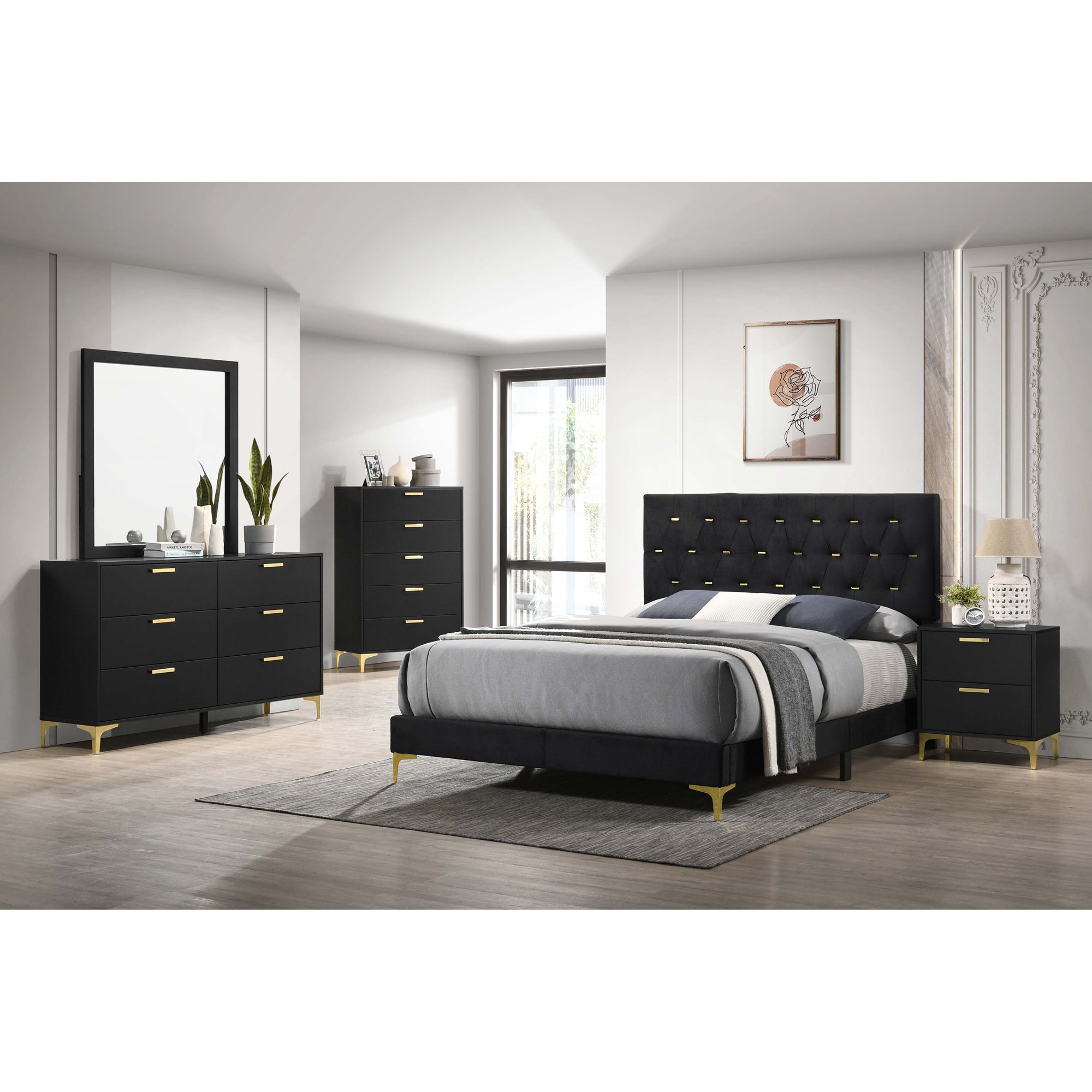 Lexie Black/Gold Diamond Tufted Eastern King Panel Bed