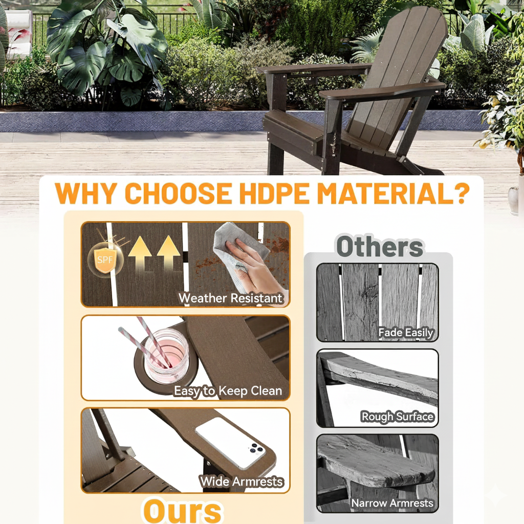Folding HDPE Adirondack Chair with Cup Holder - Brown
