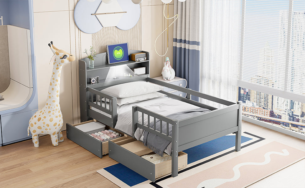 Wood Twin Size Platform Bed with Built-in LED Light