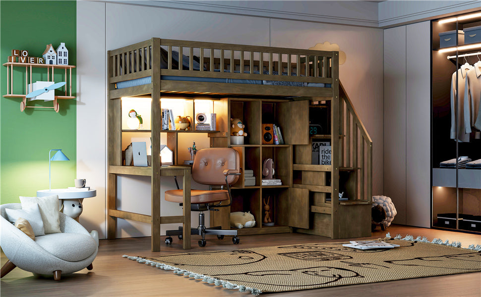 Wood Twin Size Loft Bed with Built-in Desk, LED, Storage Shelves, Cabinets and Staircase