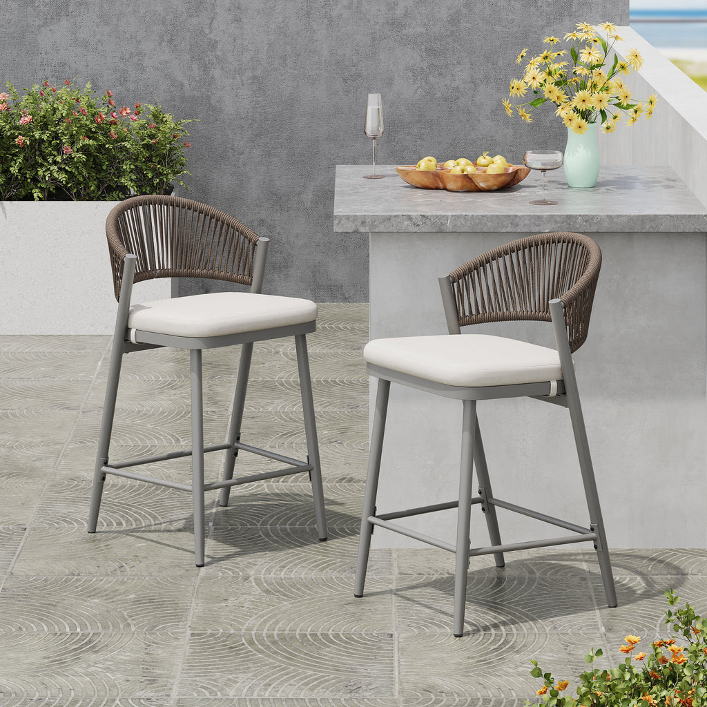 Outdoor 26" Seat Height Metal Frame Counter Stools with PE Rattan Scallop-shaped Backrest
