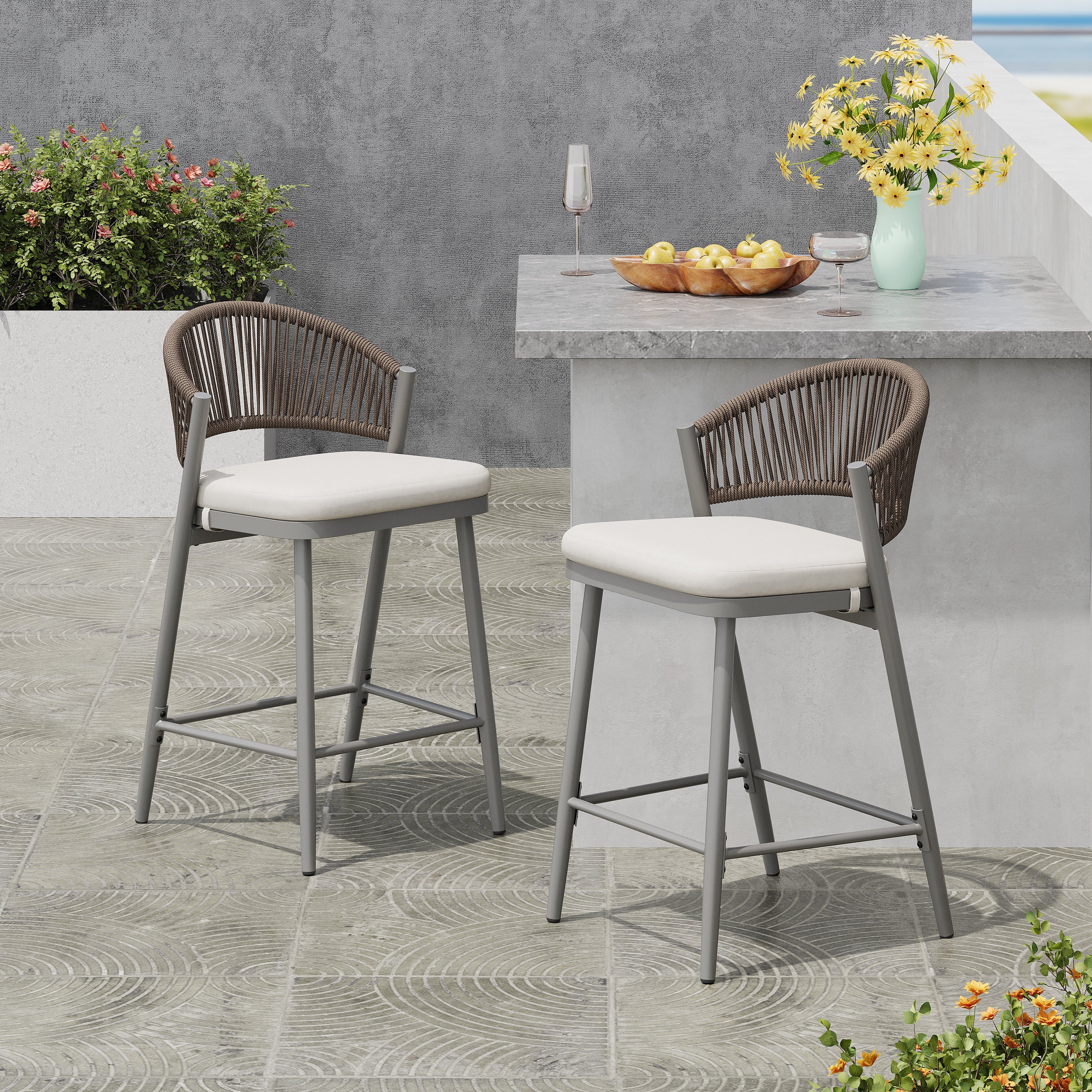 Outdoor 26" Seat Height Metal Frame Counter Stools with PE Rattan Scallop-shaped Backrest
