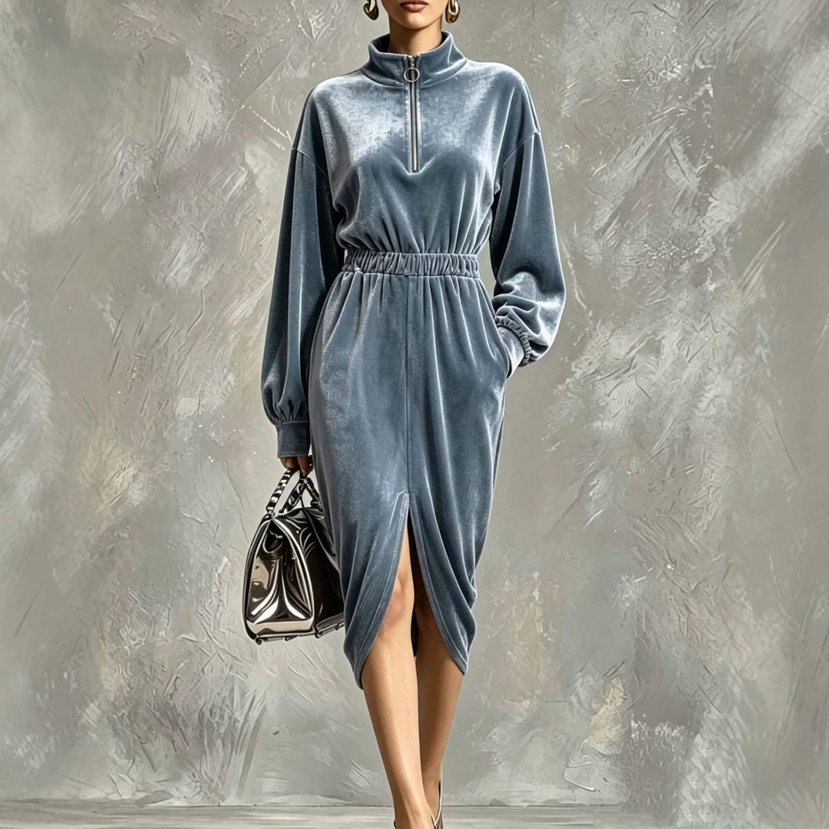 Women's Fashion Velvet Zip-front Waist-cinching Long-sleeve Dress
