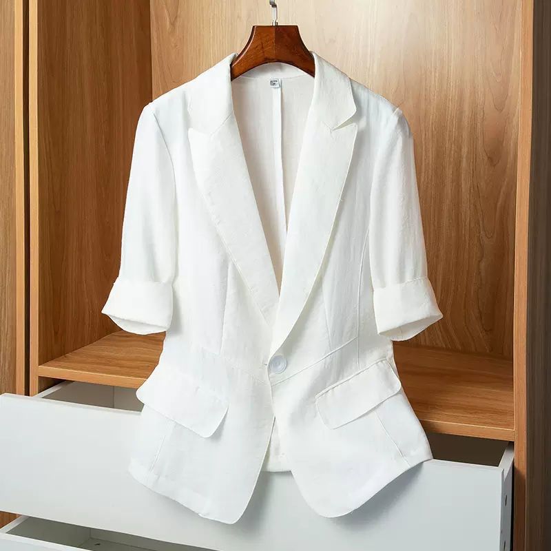 Womens Petite Casual Slimming Blazer With Three-Quarter Sleeves, Lightweight Suit Top