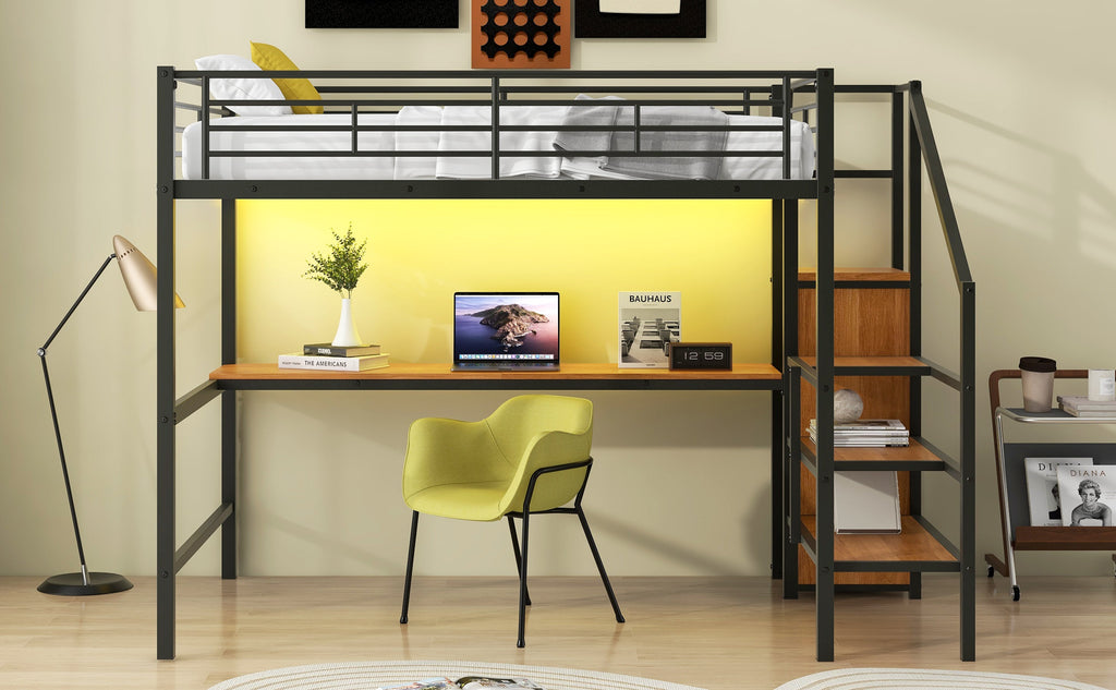 Full Size Metal Loft Bed with Desk, Storage Staircase, Small Wardrobe and LED Light