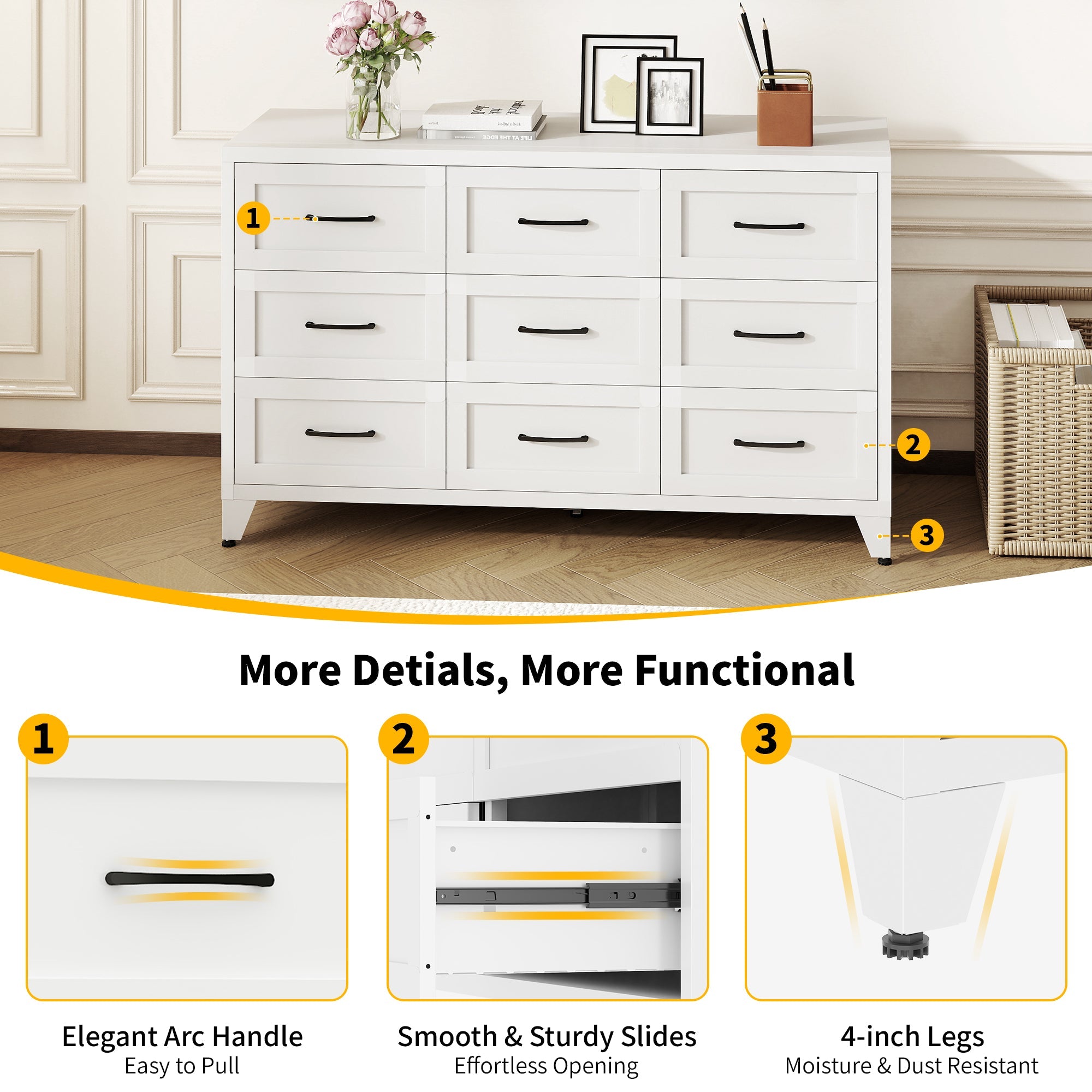 9 Drawer Dresser for Bedroom, Metal Profile Chest of Drawers