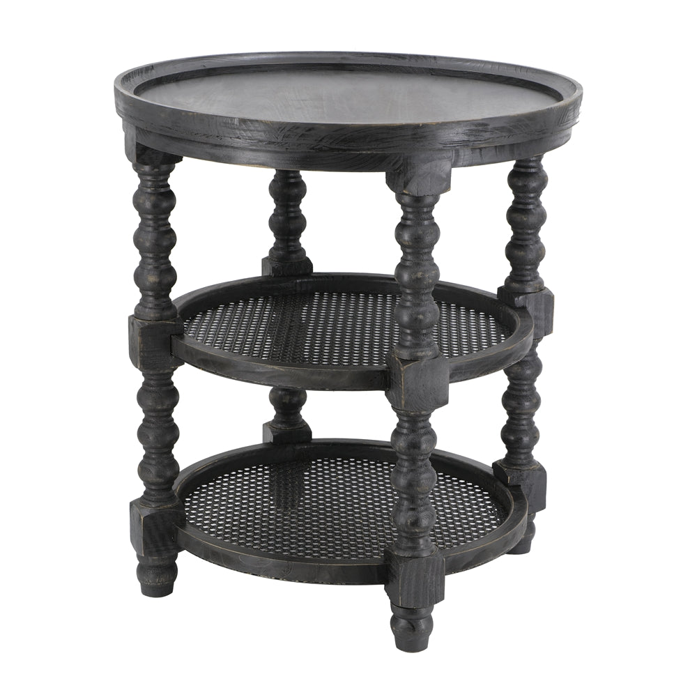 Round Three Tiered Side Table with Rattan Shelf
