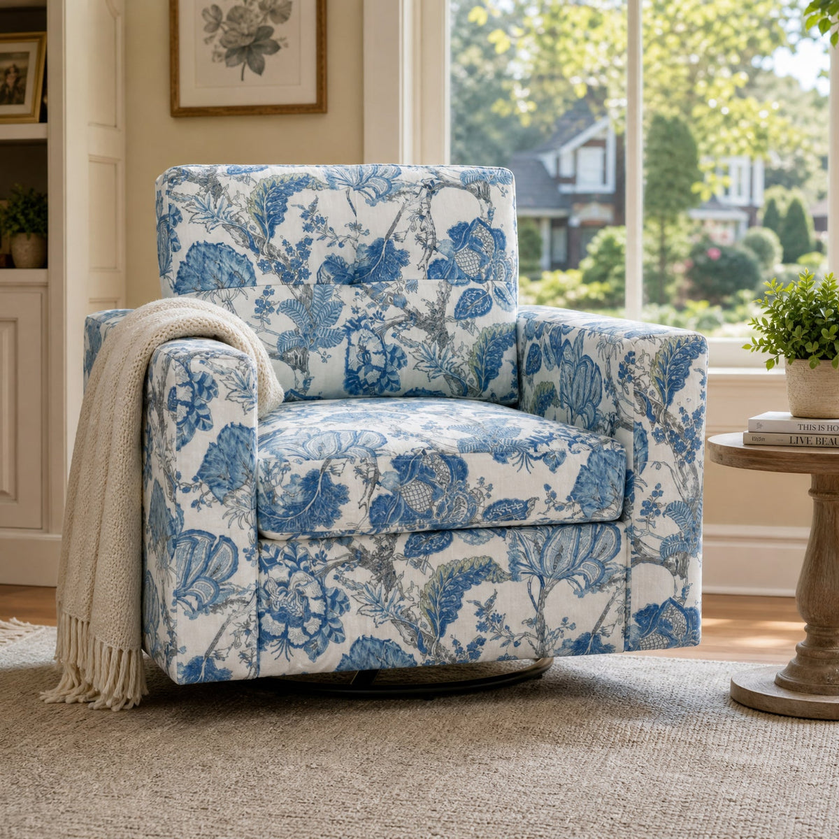 Floral Upholstery Degree Rotation Single Sofa Chair