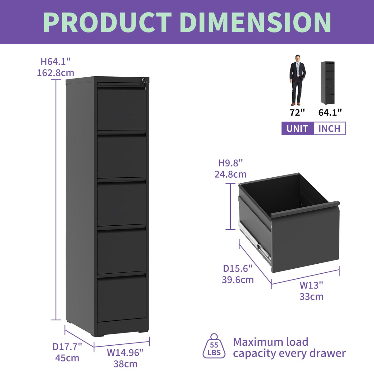 5 Drawer Metal Vertical File Cabinet with Lock