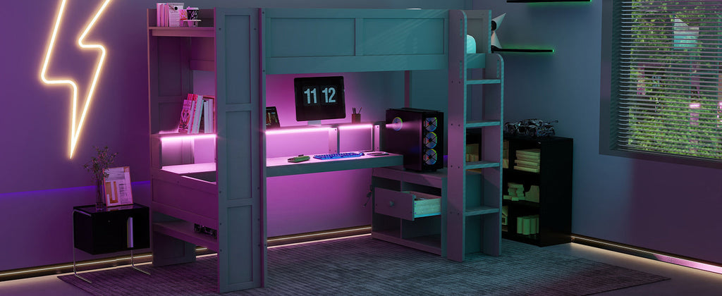 Wood Twin Size Gaming Loft Bed with Desk, Multi-storage Shelves, LED and Charging Station