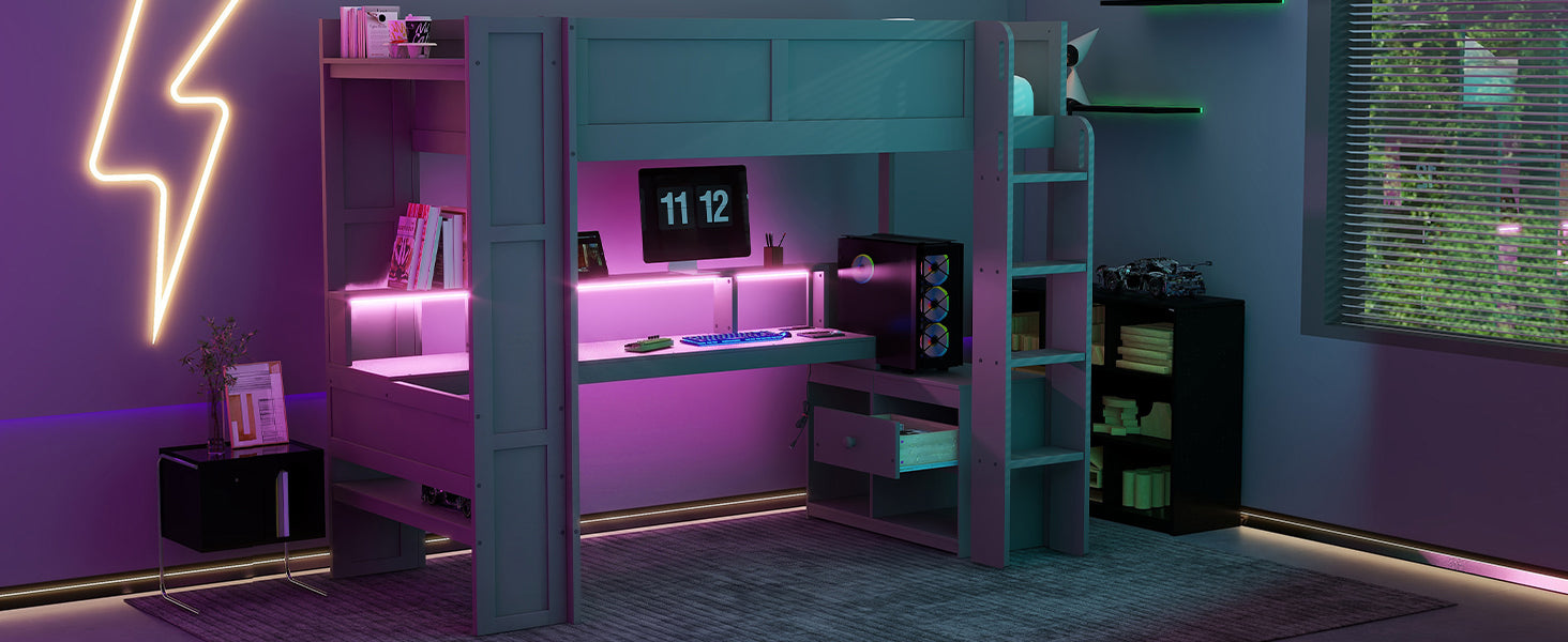 Wood Twin Size Gaming Loft Bed with Desk, Multi-storage Shelves, LED and Charging Station