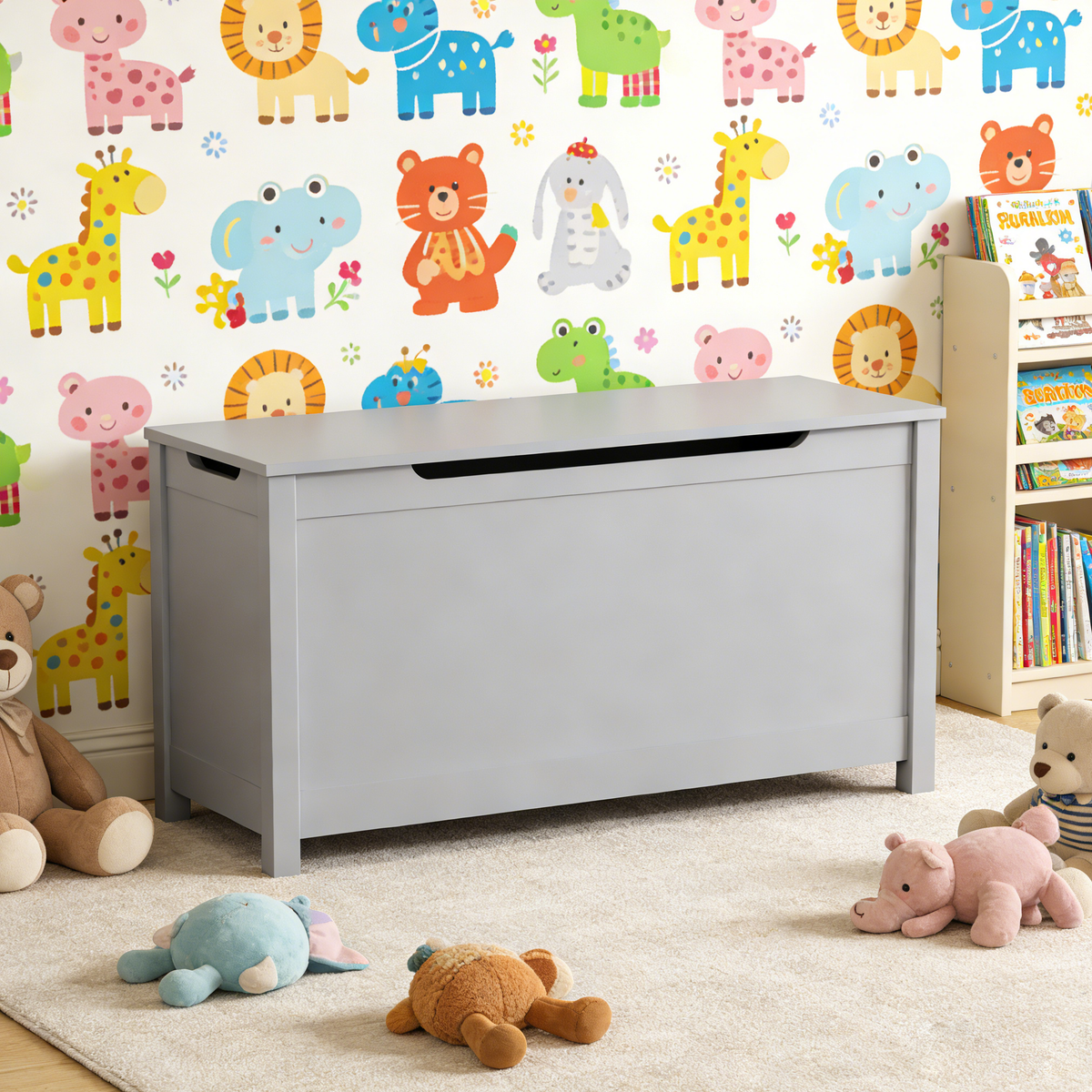 Kids Wooden Toy Box Storage with Safety Hinged Lid for Ages 2+ (Gray)