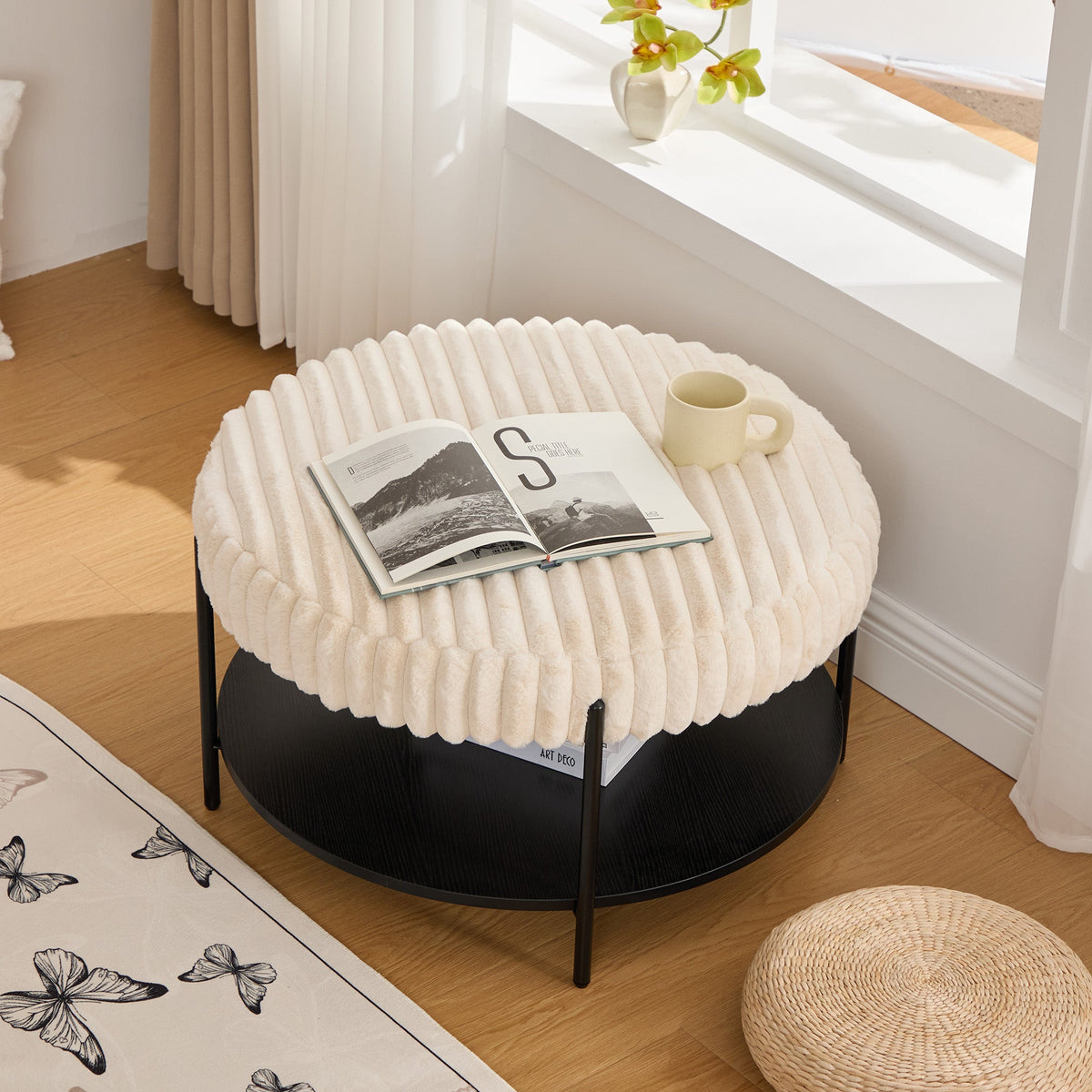 30.9" Wide Upholstered Round Ottoman Coffee Table Foot Rest