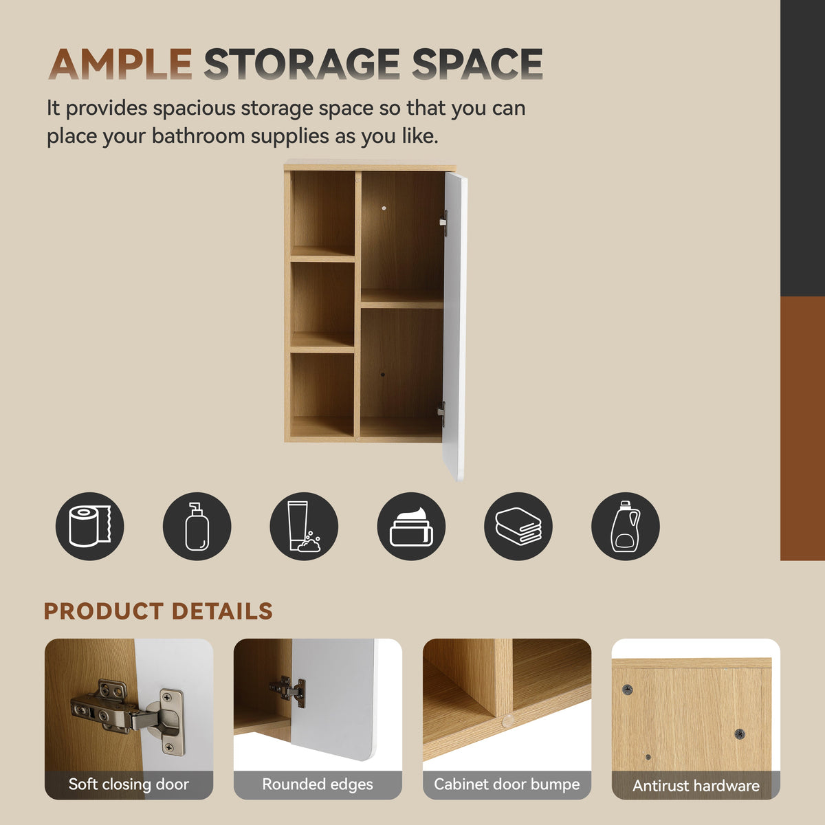 16" Wall-Mounted Bathroom Side Cabinet, Light