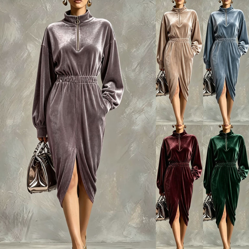 Women's Fashion Velvet Zip-front Waist-cinching Long-sleeve Dress