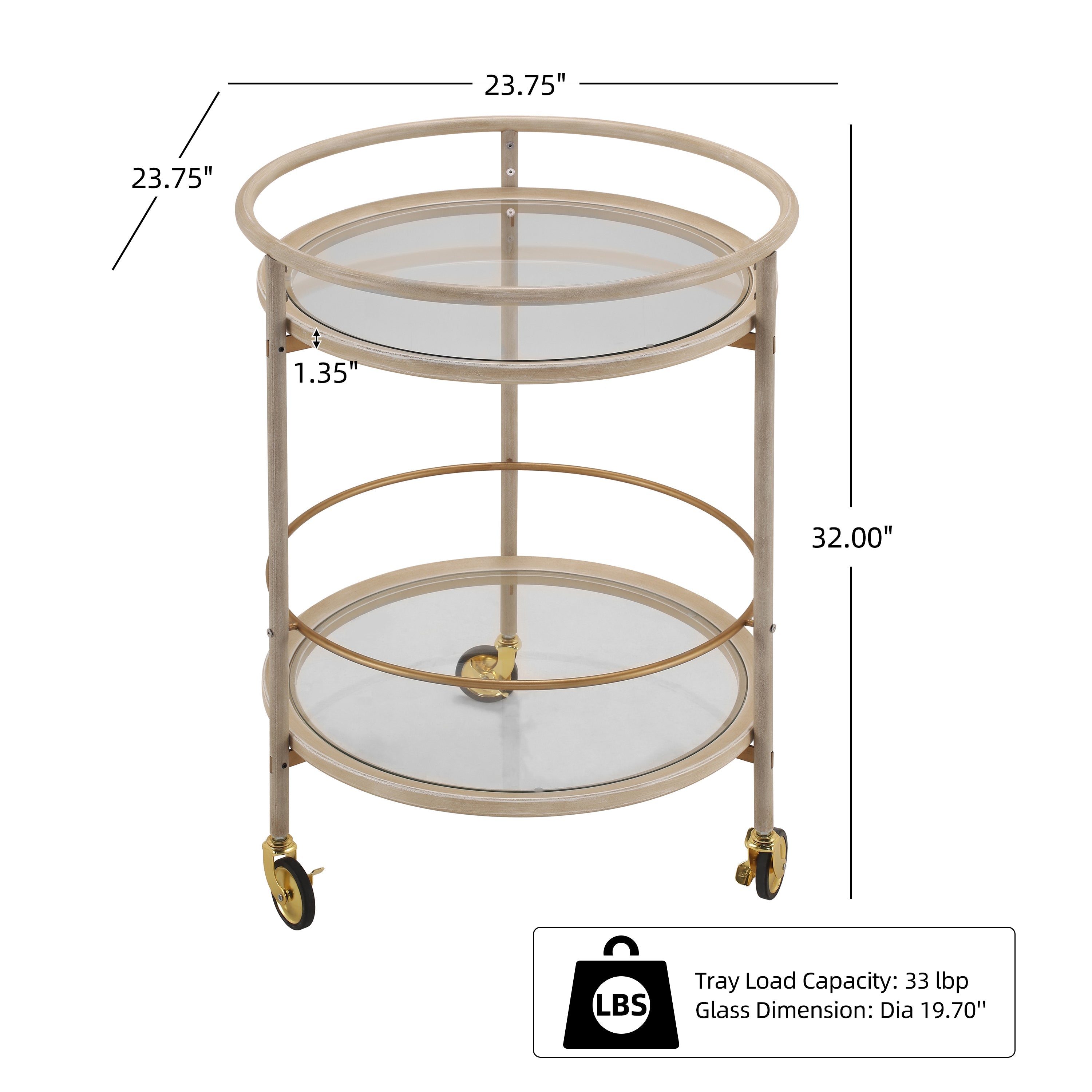 Round Bar Cart with Tempered Glass Shelves